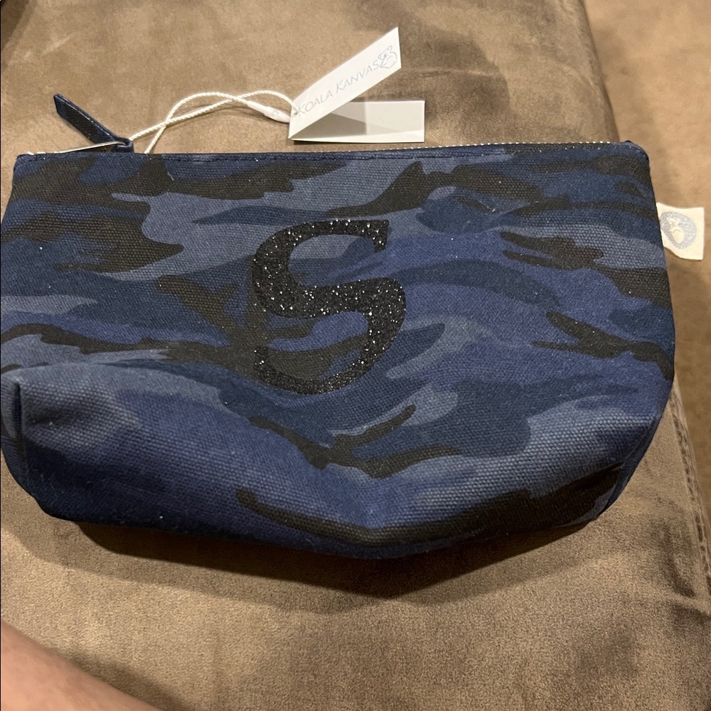 Quilted Koala Blue Camouflage with Black Glitter ‘S’ Cosmetic Bag. NWT.